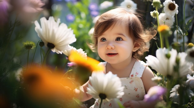 Het leuke babymeisje spelen in bloementuin