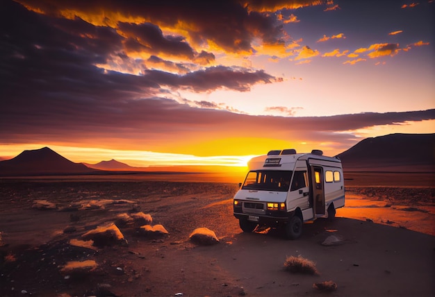 Het leven in een combibusje bij zonsondergang op het strand