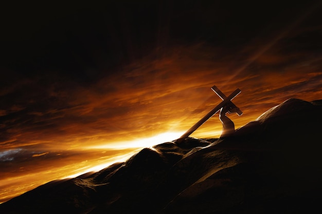 Het licht en de wolken van de Golgotha-heuvel en Jezus Christus die het kruis van het lijden draagt