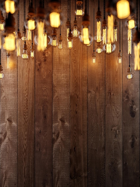Het licht van de Edison-lamp Hang op de achtergrond van een houten muur depthoffield camera-effecten 3D-rendering