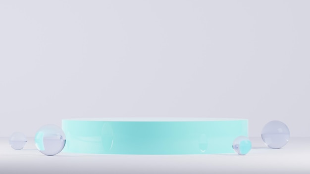 Het lichtblauwe modelpodium met het lege platform van het bellenglas voor 3d productshowcase geeft terug