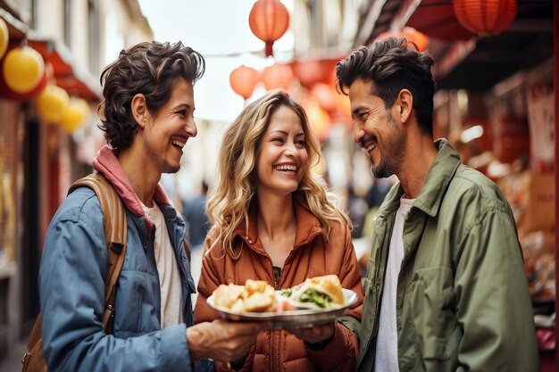 Het liefdesconcept van een gelukkig stel dat tijd samen doorbrengt en straatvoedsel koopt.