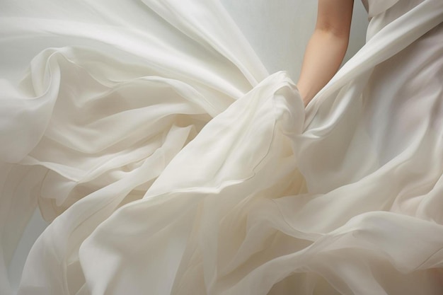 Het linkerbeen van een vrouw is in een witte jurk met een witte rok.