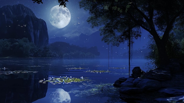 Het maanlicht reflecteert op een rustig meer en onthult verborgen rijken bewoond door de charmante Generative Ai.
