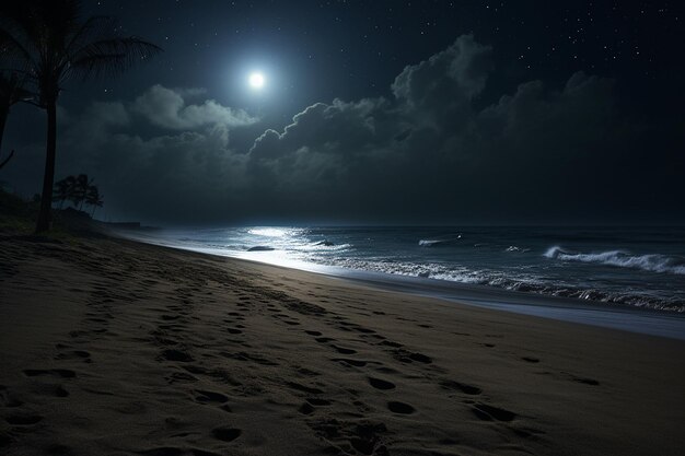 Het maanlicht werpt lange schaduwen op een strand.