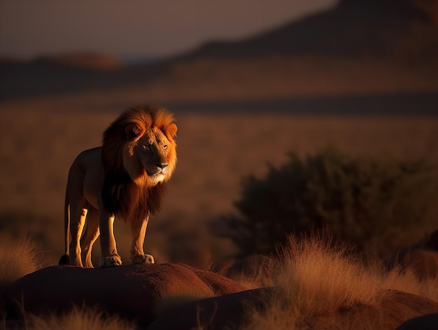 Het majestueuze gebrul van een leeuw bij zonsondergang in de savanne