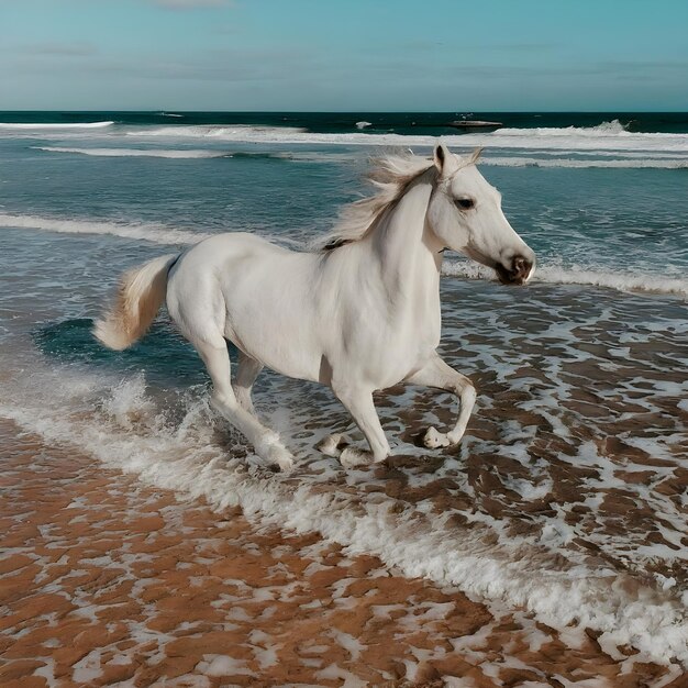 Foto het majestueuze witte paard galoppeert bij zonsondergang langs het strand