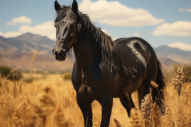 Het majestueuze zwarte paard rust op een gouden vlakte generatieve IA