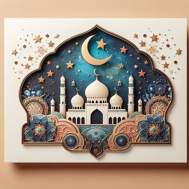 het maken van een Eid Mubarak groetkaart met een maan en sterren op een witte achtergrond_ai_generated