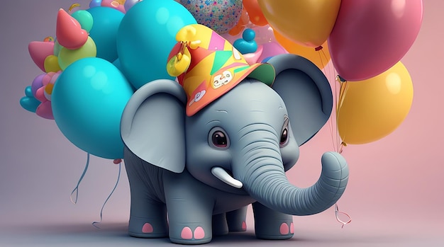 Foto het maken van een grillige 3d-illustratie van een vriendelijke cartoon olifant met feesthoed en ballonnen