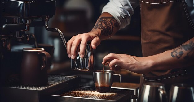 Het maken van koffie espresso gietmachine bereidt koffie aromatische espresso barista café restaurant