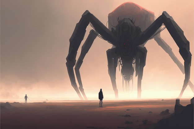 Het mannetje confronteert de enorme spinachtige automaat Fantasieconcept Illustratie schilderij Generatieve AI