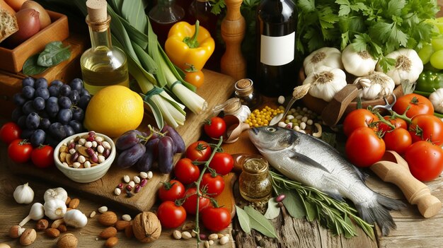 Foto het mediterrane dieet wordt gevierd om zijn gezondheidsvoordelen en heerlijke smaken die zich richten op heel voedsel
