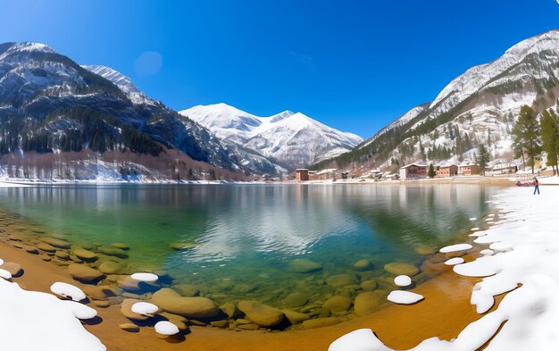 het meer weerspiegeld in de bergen frostpunk
