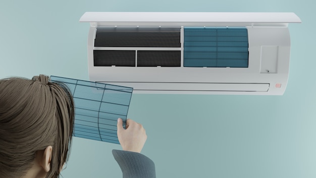 Het meisje controleert de netheid van het filter in de airconditioner 3d render