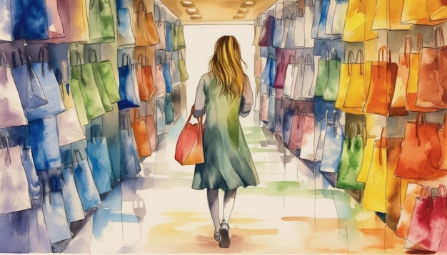 Het meisje draagt kleurrijke papieren zakken in de gang van het winkelcentrum Generatieve AI