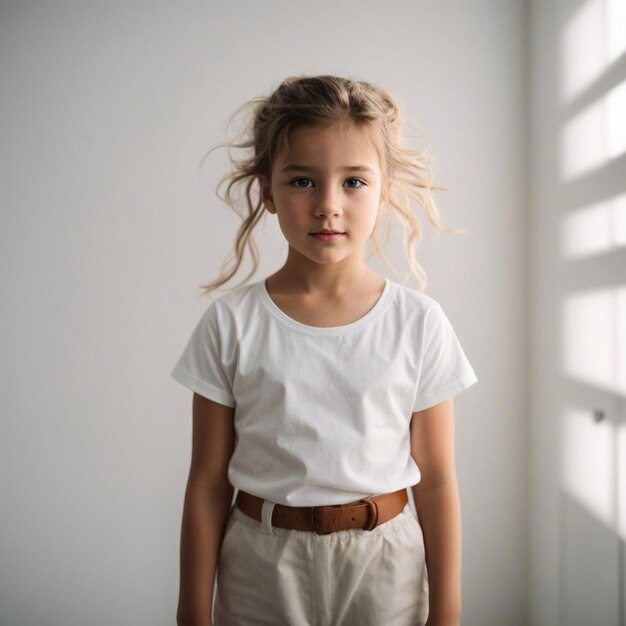 Het meisje glimlacht in een wit blanco t-shirt Mockup van kinderkleding