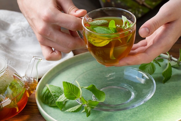 Het meisje houdt een kopje groene thee met munt in haar hand gezonde voeding antioxidanten