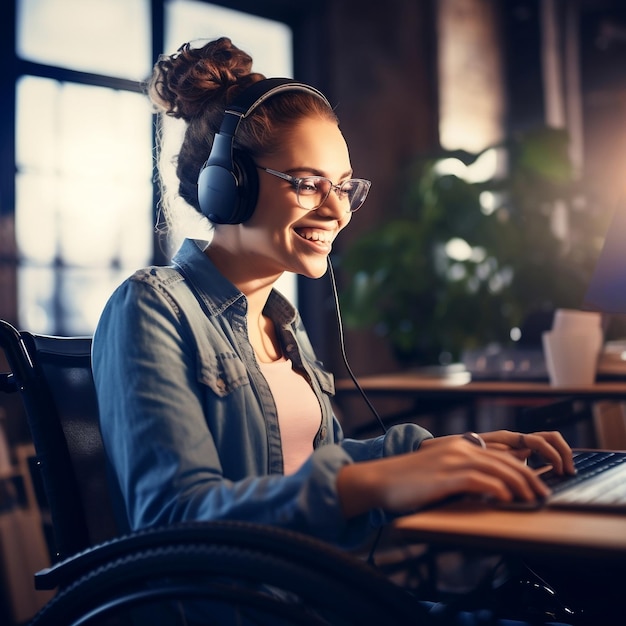 Het meisje lacht terwijl ze naar de laptop kijkt Afbeelding gegenereerd door AI