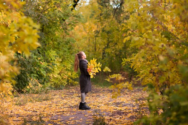 Het meisje loopt in het heldere gele gebladerte van het de herfstpark