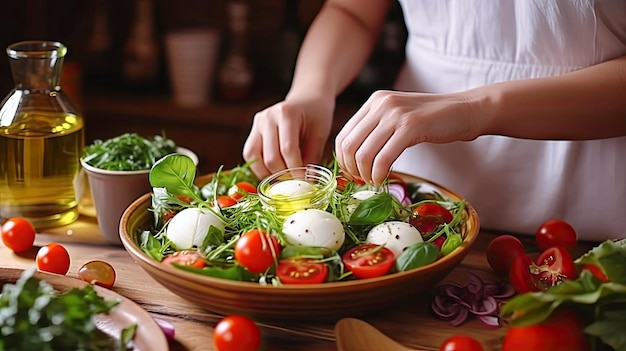 Het meisje maakt een salade klaar in de keuken.