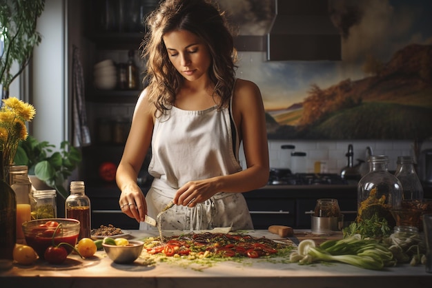 Foto het meisje maakt eten in haar keuken.