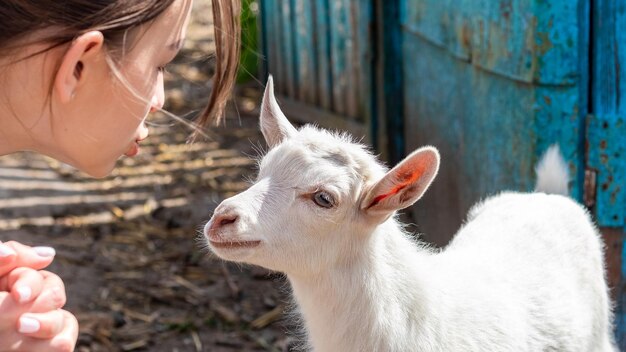 Het meisje op de boerderij bij de kleine jongen (geit) zegt iets tegen hem