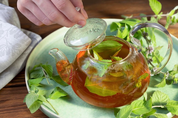 Het meisje opent het deksel van een glazen theepot met groene thee en munt. Gezonde voeding, antioxidanten.