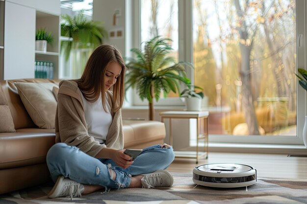 Foto het meisje past de robot stofzuiger aan via haar smartphone