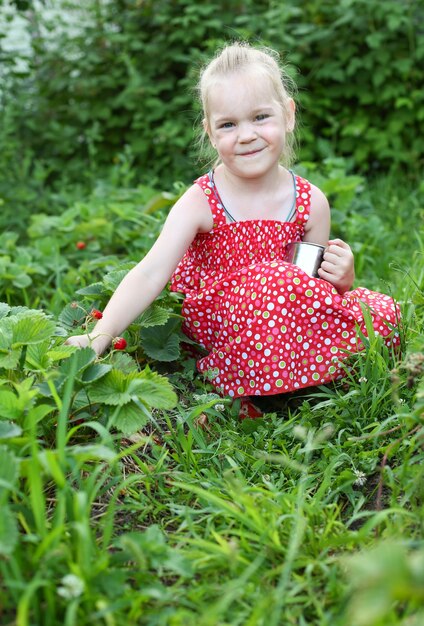 Het meisje verzamelt aardbeien