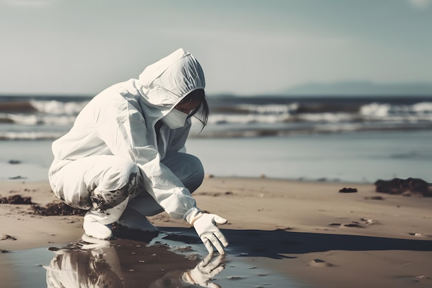 Het meisje verzamelt vuilnis op het strand Red de planeet concept Neuraal netwerk AI gegenereerd