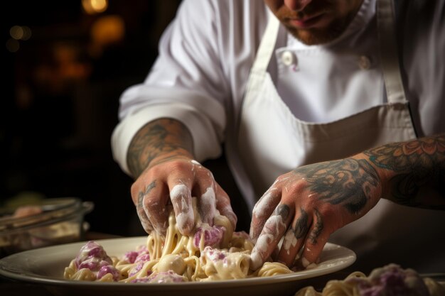 Het mengen van pasta met saus