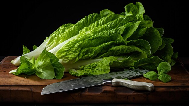 Het mes van de chef-kok op een snijplank tegen een achtergrond van slabladeren