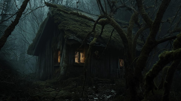 Het met mos bedekte huis staat in het hart van een dicht bos omringd door bomen en groen.