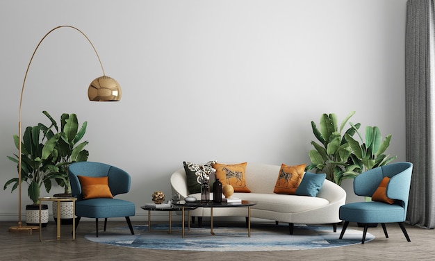 Het meubelontwerp in het moderne interieur van halverwege de eeuw, gezellige woonkamer, Scandinavische stijl, 3D-weergave,