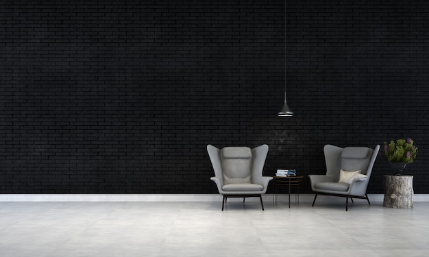 Het minimale zwarte interieur van de woonkamer en de achtergrond van de bakstenen muurtextuur