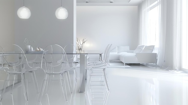 Foto het minimalistische interieur van het huis is ingericht met een glazen tafel en doorzichtige stoelen