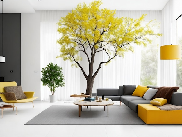 Het minimalistische interieurontwerp van de moderne woonkamer met kleurrijke boom