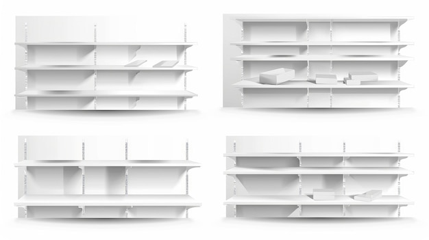 Het mock-up toont een witte lege supermarktplank met rekken voor de weergave van producten Het is een realistische 3D moderne illustratie set van een boekenkast staan in verschillende hoeken