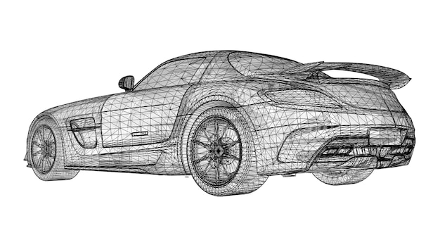 Het model heeft een premium coupévorm van een zwart veelhoekig driehoekig raster op een witte achtergrond