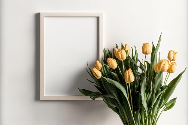 Het model van het landschapskader op witte muur met het boeket van tulpenbloemen