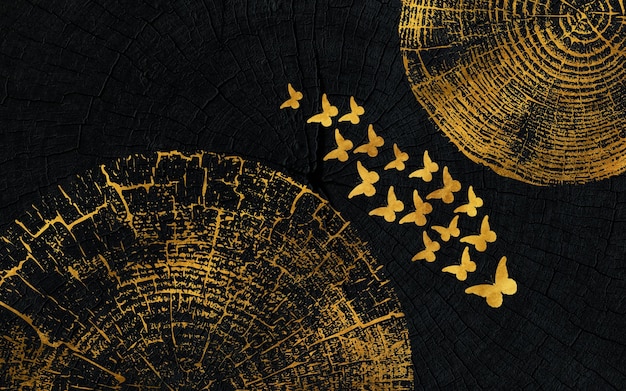 Foto het moderne abstracte gouden jaarlijkse patroon van de ringskunst, zwarte achtergrond.