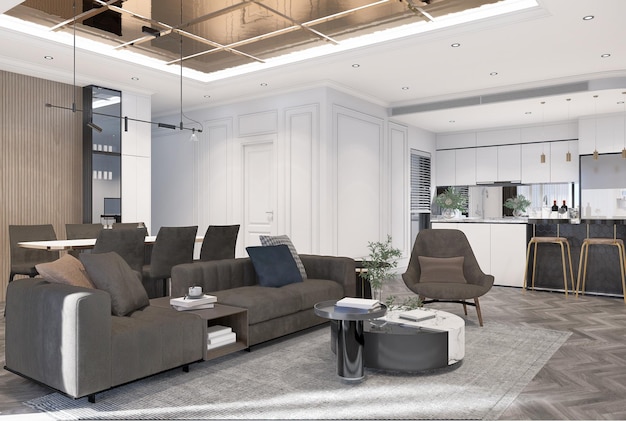 Het moderne luxe interieur van de woonkamer is helder en schoon 3D-illustratie