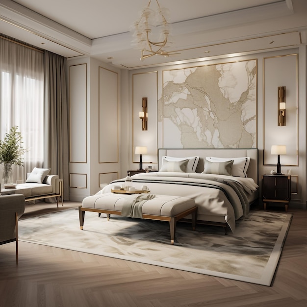 Het moderne ontwerp van de slaapkamer met een groot wit bed en een kruk met een kaptafel in de buurt van donkere muren, licht meubilair, witte marmeren vloer 3D-rendering