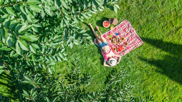 Het mooie jonge meisje ontspannen op gras, die de zomerpicknick in park hebben in openlucht, luchthommelmening van hierboven