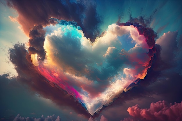 Het mooie kleurrijke hart van de valentijnskaartdag in de wolken als abstracte achtergrond ai generatief