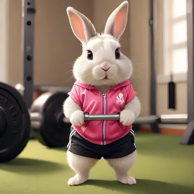 Het mooie konijnje draagt workoutkleding en doet gymnastiek.
