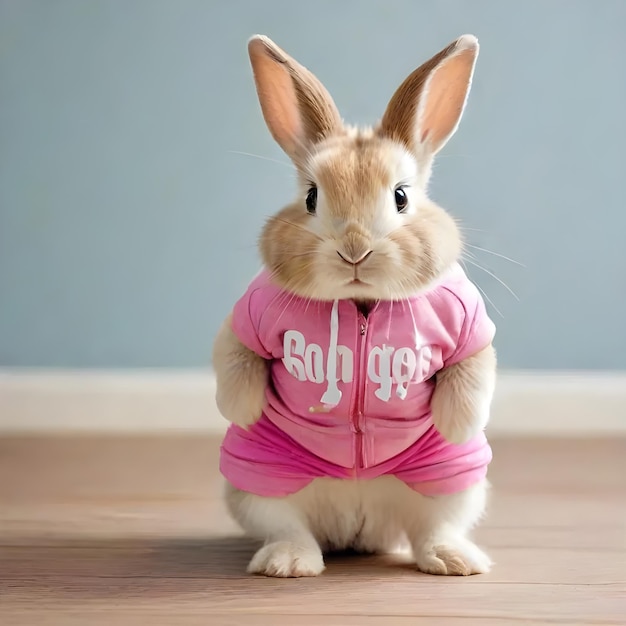 Het mooie konijnje draagt workoutkleding en doet gymnastiek.