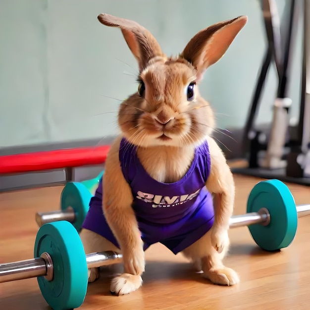 Het mooie konijnje draagt workoutkleding en doet gymnastiek.