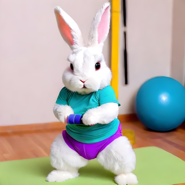 Foto het mooie konijnje draagt workoutkleding en doet gymnastiek.